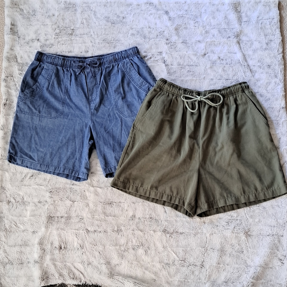 Basic Editions Jean And Olive Green Set Long Walking Vacation Shorts. Size Med.